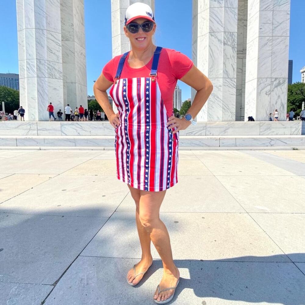 Shinesty Patriotic Denim Overalls Skirtall Dress EUC USA